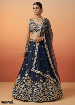 Midnight Blue Tissue Lehenga Choli with Zari, Sequin, Thread & Cut-Bead Embroidery
