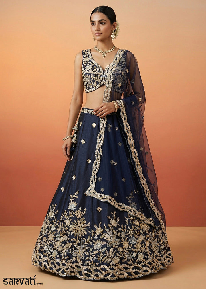 Midnight Blue Tissue Lehenga Choli with Zari, Sequin, Thread &amp; Cut-Bead Embroidery