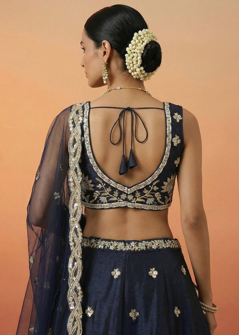 Midnight Blue Tissue Lehenga Choli with Zari, Sequin, Thread &amp; Cut-Bead Embroidery