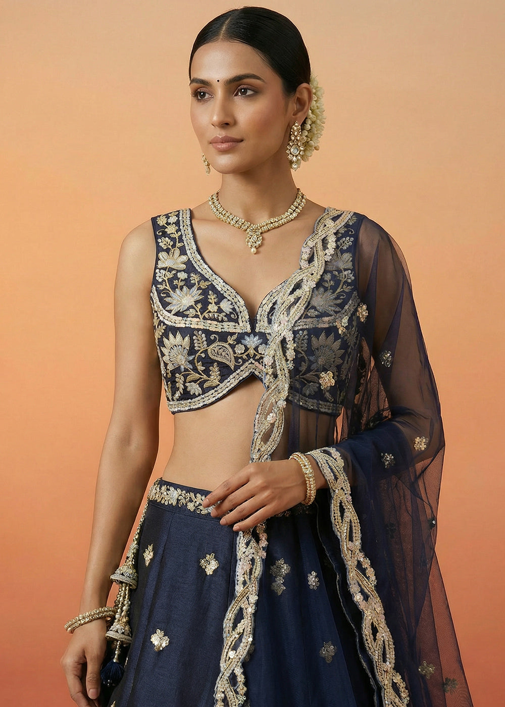 Midnight Blue Tissue Lehenga Choli with Zari, Sequin, Thread &amp; Cut-Bead Embroidery