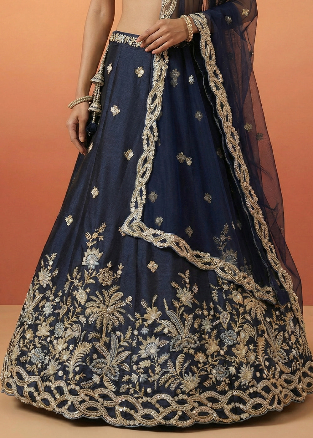 Midnight Blue Tissue Lehenga Choli with Zari, Sequin, Thread &amp; Cut-Bead Embroidery