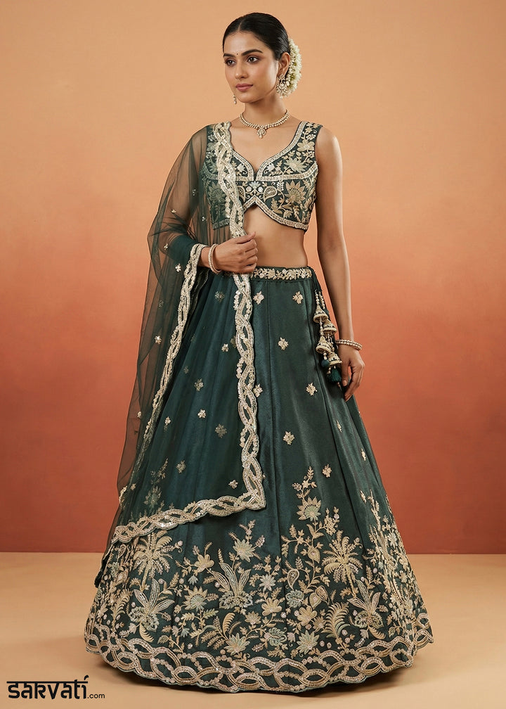 Dark Teal Green Tissue Lehenga Choli with Zari, Sequin, Thread &amp; Cut-Bead Embroidery