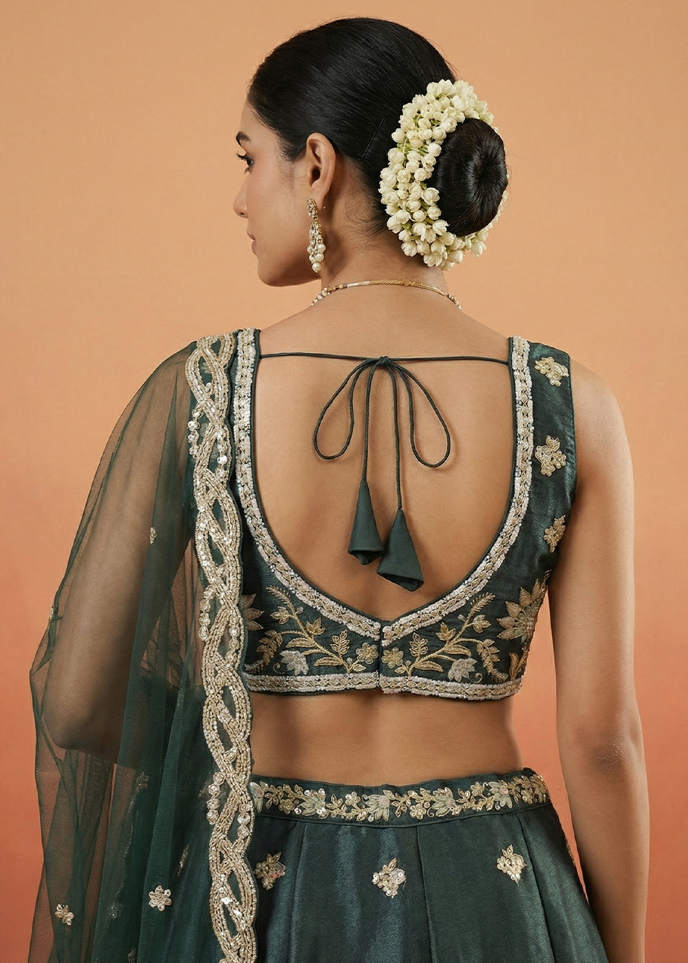 Dark Teal Green Tissue Lehenga Choli with Zari, Sequin, Thread & Cut-Bead Embroidery