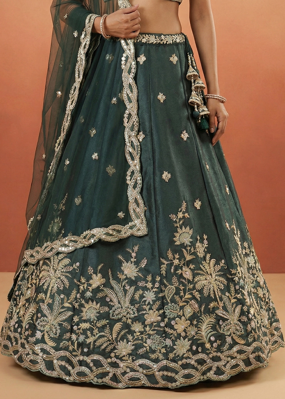 Dark Teal Green Tissue Lehenga Choli with Zari, Sequin, Thread &amp; Cut-Bead Embroidery