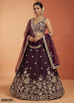 Aubergine Purple Tissue Lehenga Choli with Zari, Sequin, Thread & Cut-Bead Embroidery