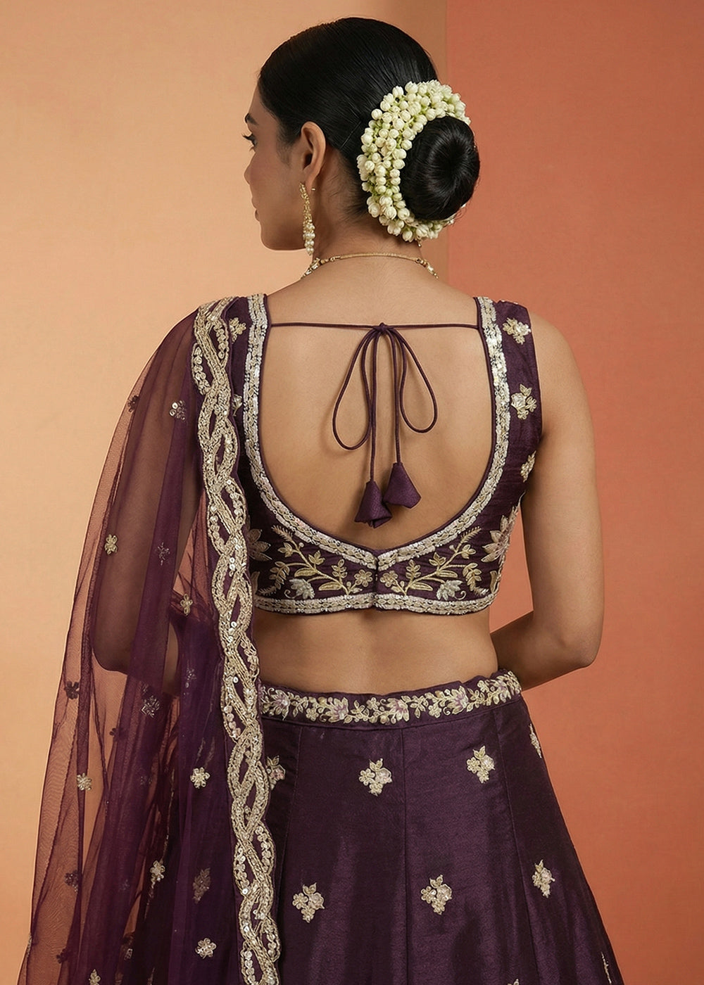 Aubergine Purple Tissue Lehenga Choli with Zari, Sequin, Thread & Cut-Bead Embroidery