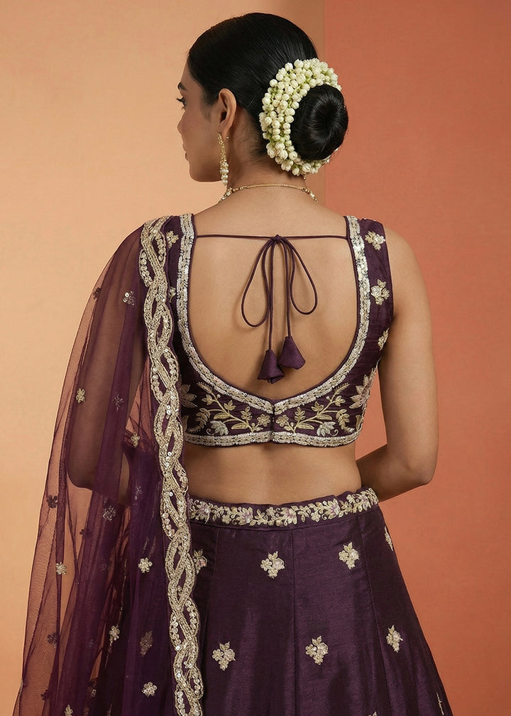 Aubergine Purple Tissue Lehenga Choli with Zari, Sequin, Thread &amp; Cut-Bead Embroidery