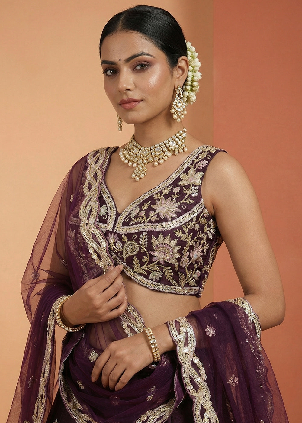 Aubergine Purple Tissue Lehenga Choli with Zari, Sequin, Thread &amp; Cut-Bead Embroidery