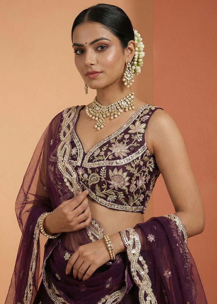 Aubergine Purple Tissue Lehenga Choli with Zari, Sequin, Thread &amp; Cut-Bead Embroidery
