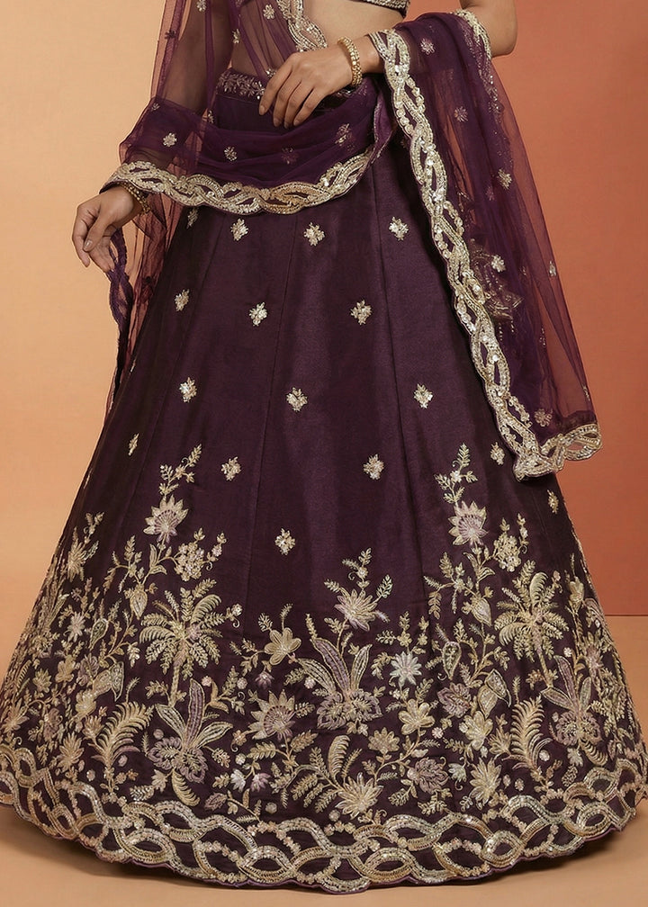 Aubergine Purple Tissue Lehenga Choli with Zari, Sequin, Thread &amp; Cut-Bead Embroidery