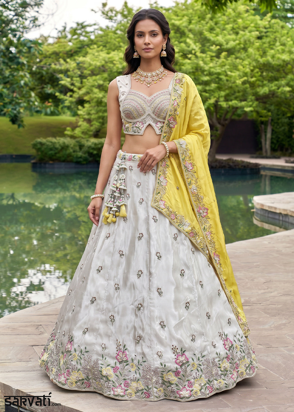 Ivory White Chiffon Lehenga Choli with Yellow Dupatta, Zari, Sequin &amp; Cutdana Floral Embroidery
