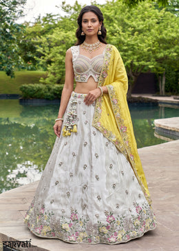 Ivory White Chiffon Lehenga Choli with Yellow Dupatta, Zari, Sequin & Cutdana Floral Embroidery