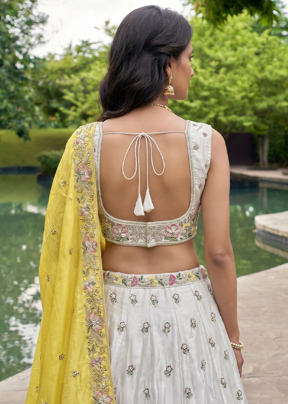 Ivory White Chiffon Lehenga Choli with Yellow Dupatta, Zari, Sequin & Cutdana Floral Embroidery