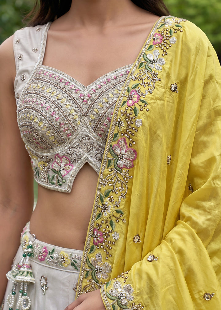 Ivory White Chiffon Lehenga Choli with Yellow Dupatta, Zari, Sequin &amp; Cutdana Floral Embroidery