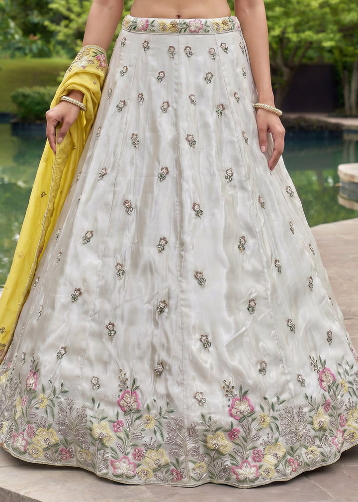 Ivory White Chiffon Lehenga Choli with Yellow Dupatta, Zari, Sequin &amp; Cutdana Floral Embroidery
