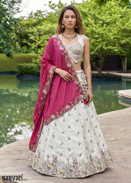 Ivory White Chiffon Lehenga Choli with Blush Pink Dupatta, Zari, Sequin & Cutdana Floral Embroidery