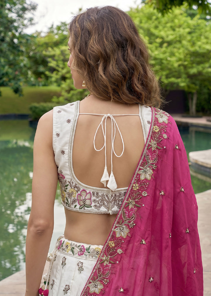 Ivory White Chiffon Lehenga Choli with Blush Pink Dupatta, Zari, Sequin &amp; Cutdana Floral Embroidery
