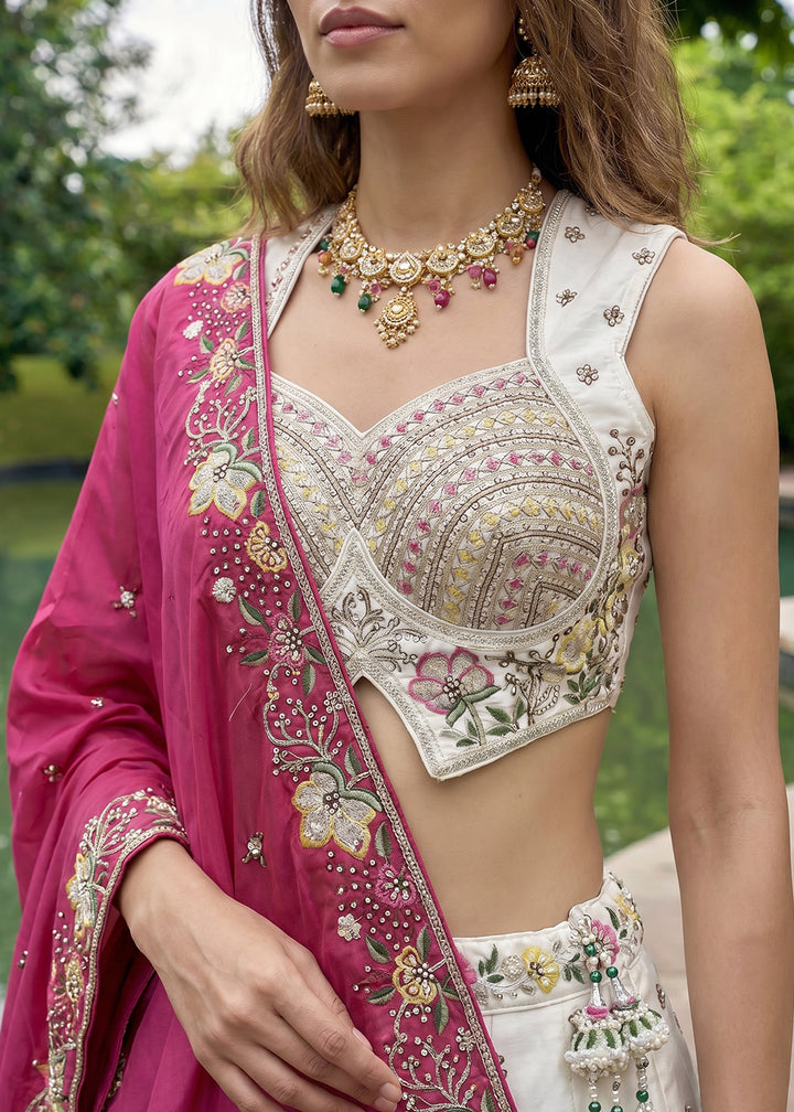 Ivory White Chiffon Lehenga Choli with Blush Pink Dupatta, Zari, Sequin &amp; Cutdana Floral Embroidery