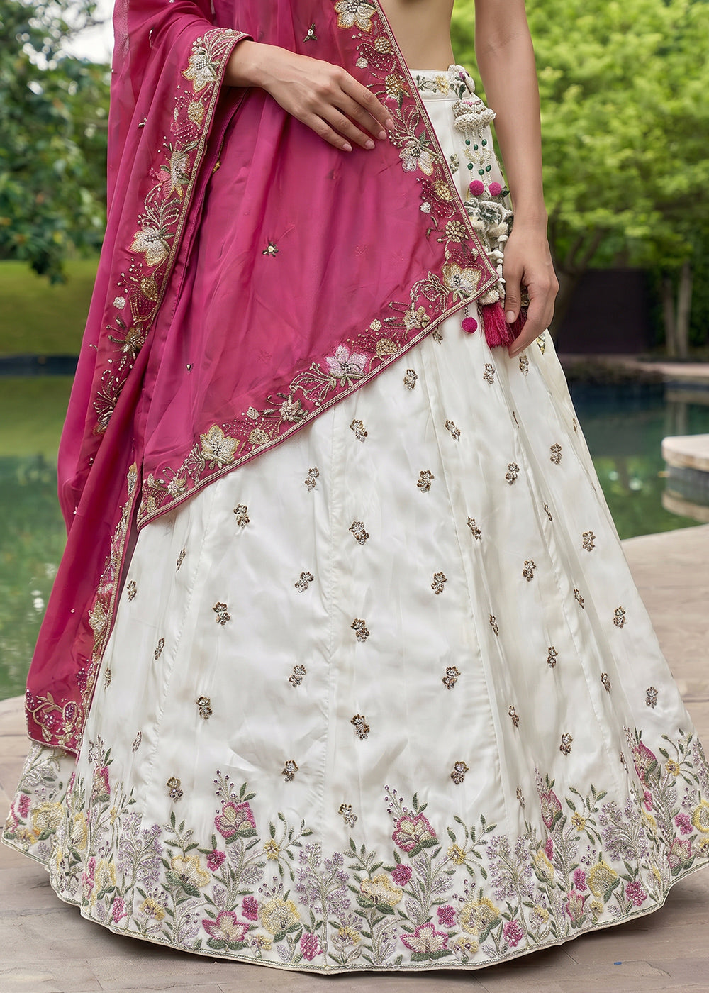 Ivory White Chiffon Lehenga Choli with Blush Pink Dupatta, Zari, Sequin &amp; Cutdana Floral Embroidery