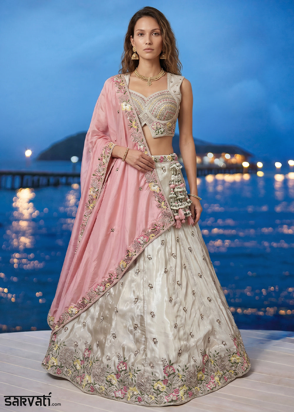 Ivory White Chiffon Lehenga Choli with Magenta Pink Dupatta, Zari, Sequin &amp; Cutdana Floral Embroidery
