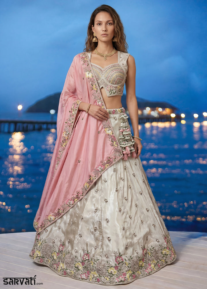 Ivory White Chiffon Lehenga Choli with Magenta Pink Dupatta, Zari, Sequin &amp; Cutdana Floral Embroidery