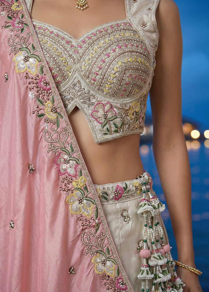 Ivory White Chiffon Lehenga Choli with Magenta Pink Dupatta, Zari, Sequin &amp; Cutdana Floral Embroidery