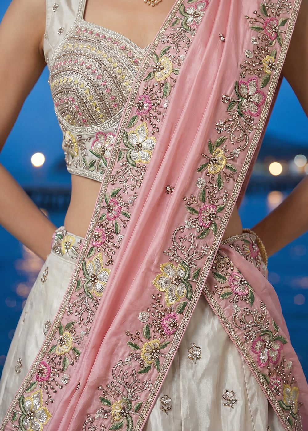 Ivory White Chiffon Lehenga Choli with Magenta Pink Dupatta, Zari, Sequin &amp; Cutdana Floral Embroidery