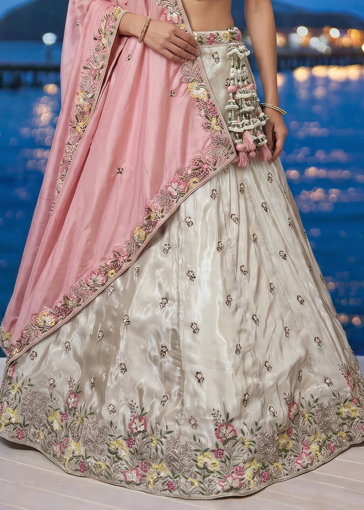 Ivory White Chiffon Lehenga Choli with Magenta Pink Dupatta, Zari, Sequin &amp; Cutdana Floral Embroidery