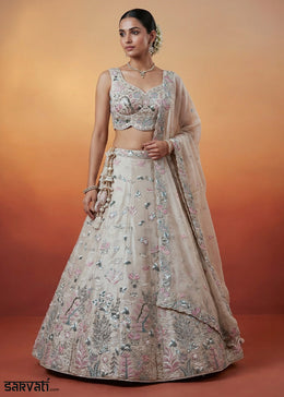 Champagne Beige Organza Lehenga Choli with Heavy Threadwork, Swarovski & Sequin Embroidery