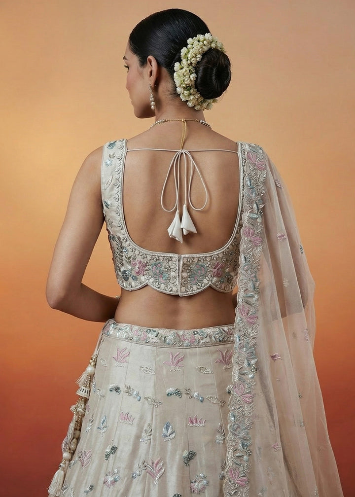 Champagne Beige Organza Lehenga Choli with Heavy Threadwork, Swarovski &amp; Sequin Embroidery