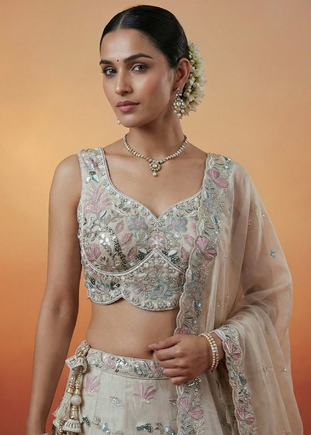 Champagne Beige Organza Lehenga Choli with Heavy Threadwork, Swarovski &amp; Sequin Embroidery