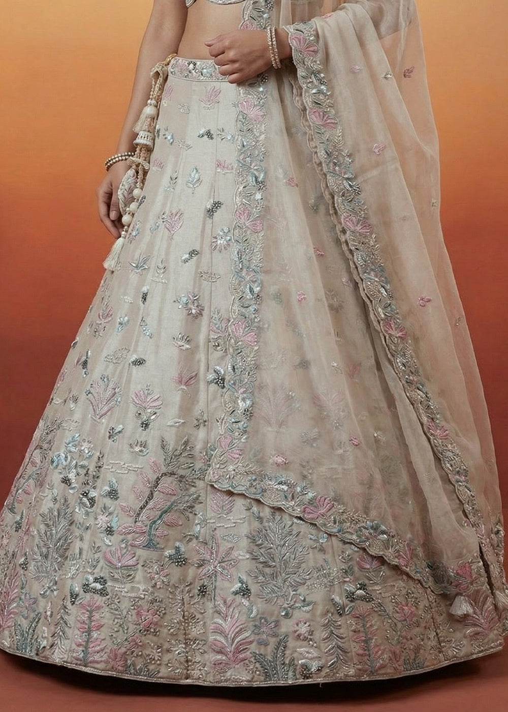 Champagne Beige Organza Lehenga Choli with Heavy Threadwork, Swarovski &amp; Sequin Embroidery