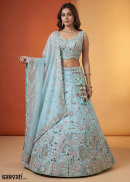 Powder Blue Organza Lehenga Choli with Heavy Threadwork, Swarovski & Sequin Embroidery