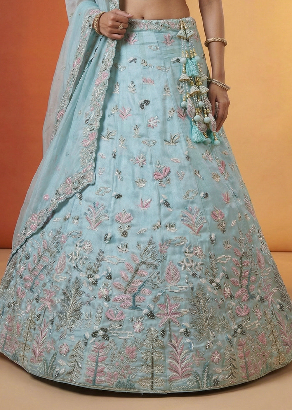 Powder Blue Organza Lehenga Choli with Heavy Threadwork, Swarovski &amp; Sequin Embroidery