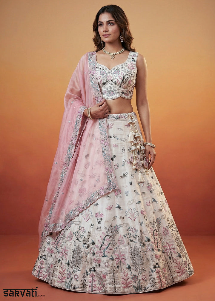 Ivory White Organza Lehenga Choli with Heavy Threadwork, Swarovski &amp; Sequin Embroidery