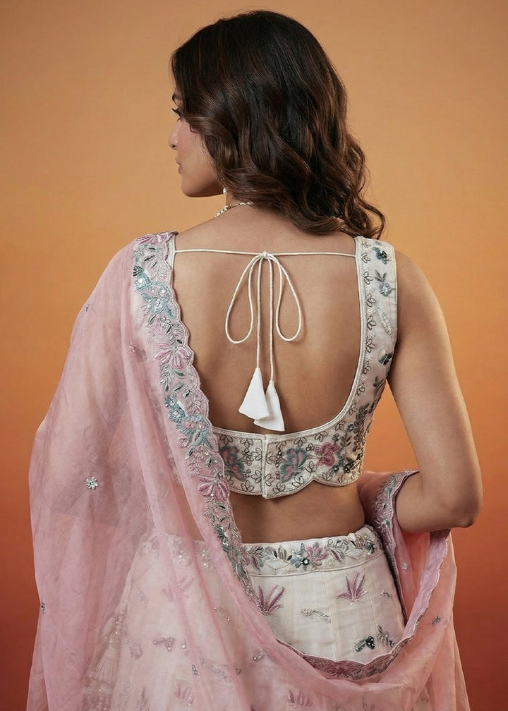 Ivory White Organza Lehenga Choli with Heavy Threadwork, Swarovski &amp; Sequin Embroidery