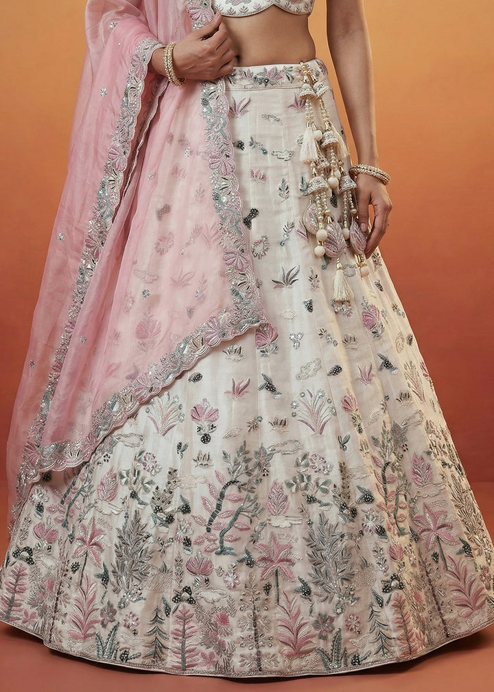 Ivory White Organza Lehenga Choli with Heavy Threadwork, Swarovski &amp; Sequin Embroidery