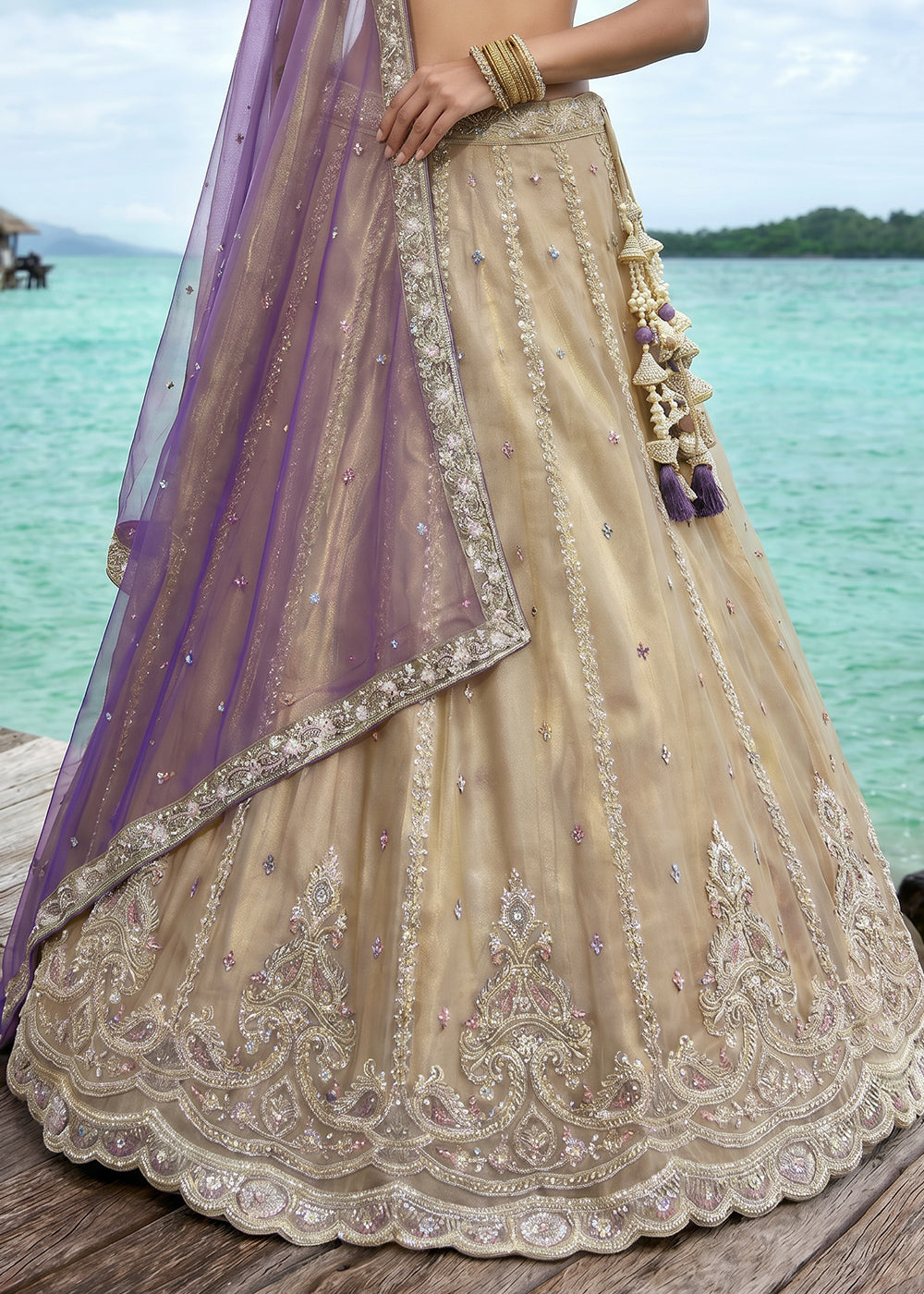 Sand Brown Tissue Lehenga Choli with Lilac Purple Embroidered Dupatta, Sequin, Zari &amp; Cutdana Work