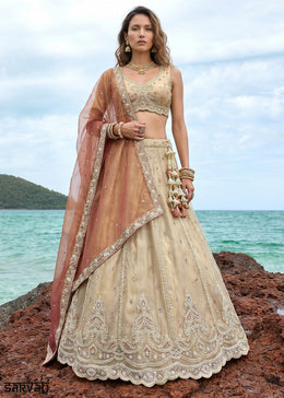 Sand Brown Tissue Lehenga Choli with Rust Brown Embroidered Dupatta, Sequin, Zari & Cutdana Work