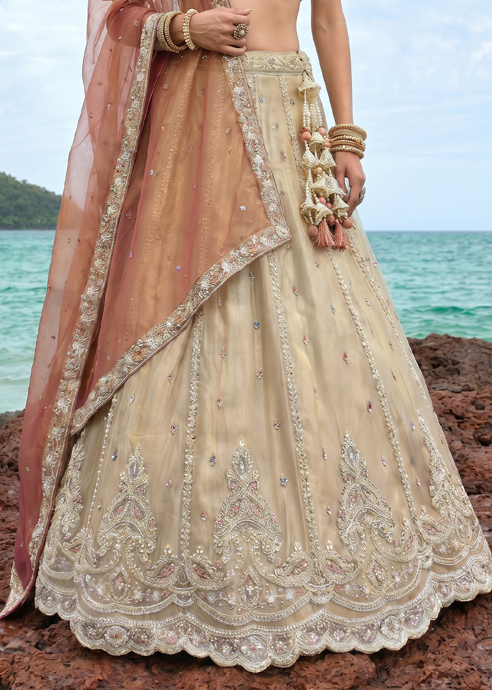 Sand Brown Tissue Lehenga Choli with Rust Brown Embroidered Dupatta, Sequin, Zari &amp; Cutdana Work