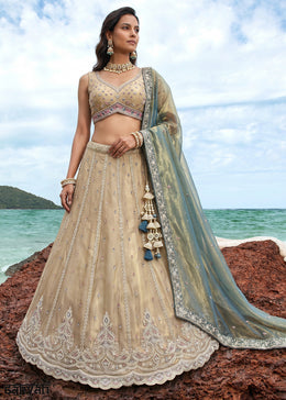 Sand Brown Tissue Lehenga Choli with Teal Green Embroidered Dupatta, Sequin, Zari & Cutdana Work