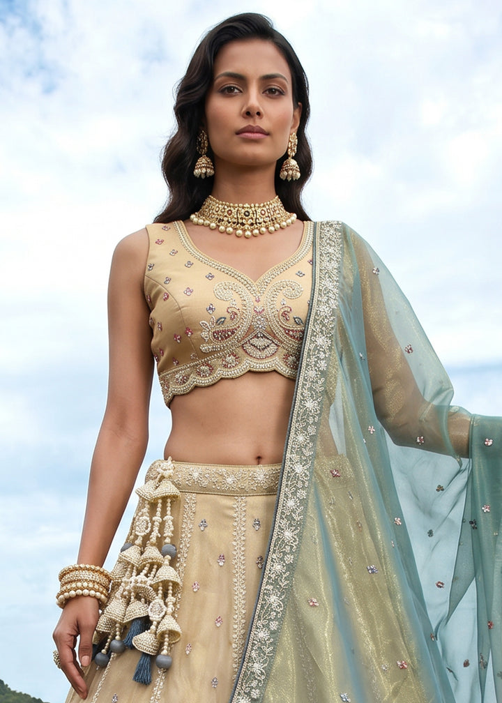 Sand Brown Tissue Lehenga Choli with Teal Green Embroidered Dupatta, Sequin, Zari &amp; Cutdana Work