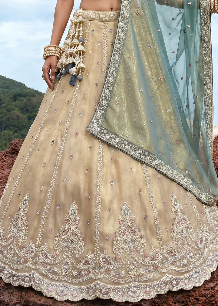 Sand Brown Tissue Lehenga Choli with Teal Green Embroidered Dupatta, Sequin, Zari &amp; Cutdana Work