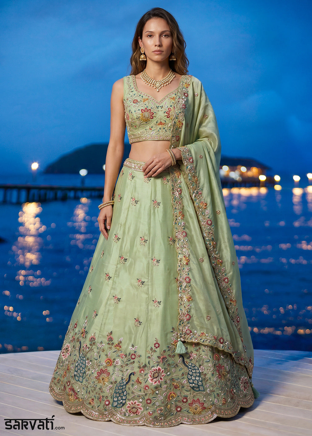Celadon Green Organza Lehenga Choli with Floral &amp; Peacock Embroidery