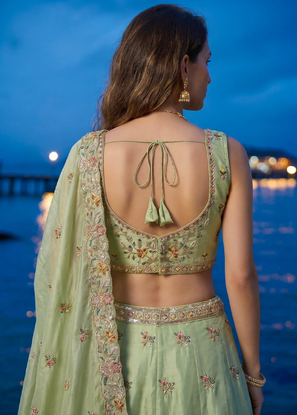 Celadon Green Organza Lehenga Choli with Floral & Peacock Embroidery