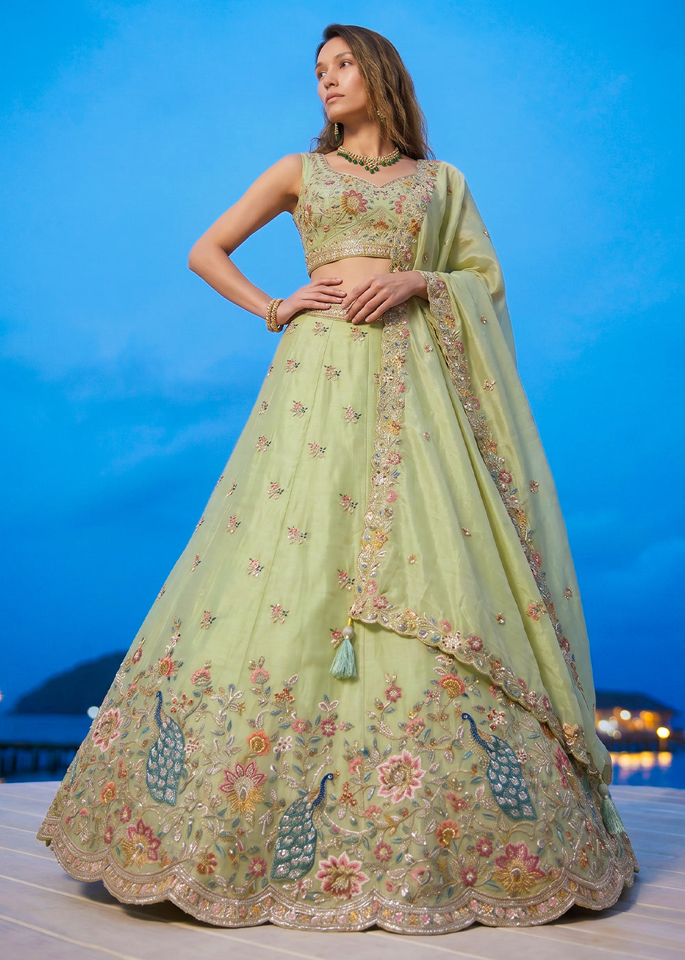 Celadon Green Organza Lehenga Choli with Floral &amp; Peacock Embroidery