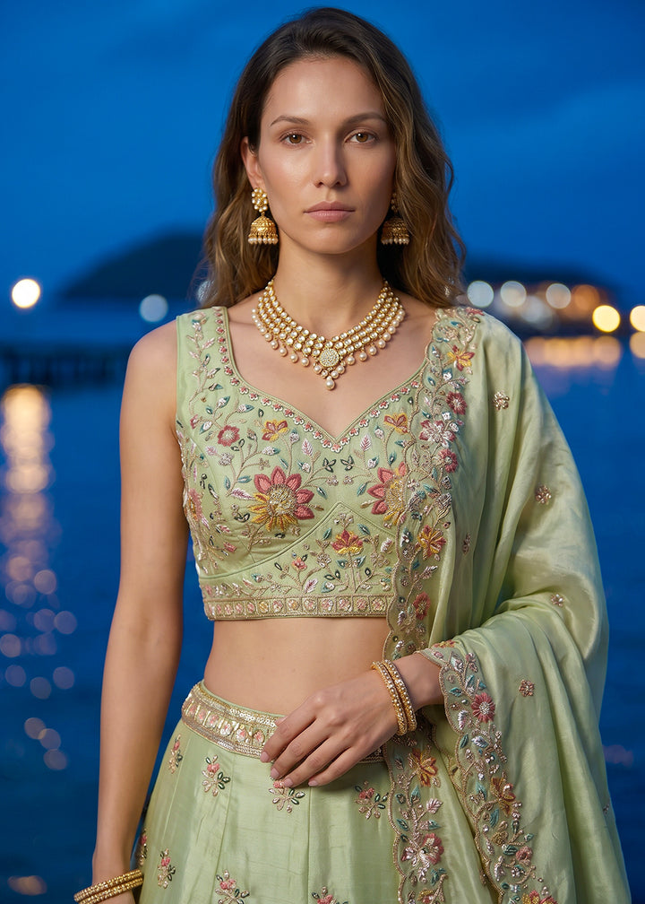 Celadon Green Organza Lehenga Choli with Floral &amp; Peacock Embroidery