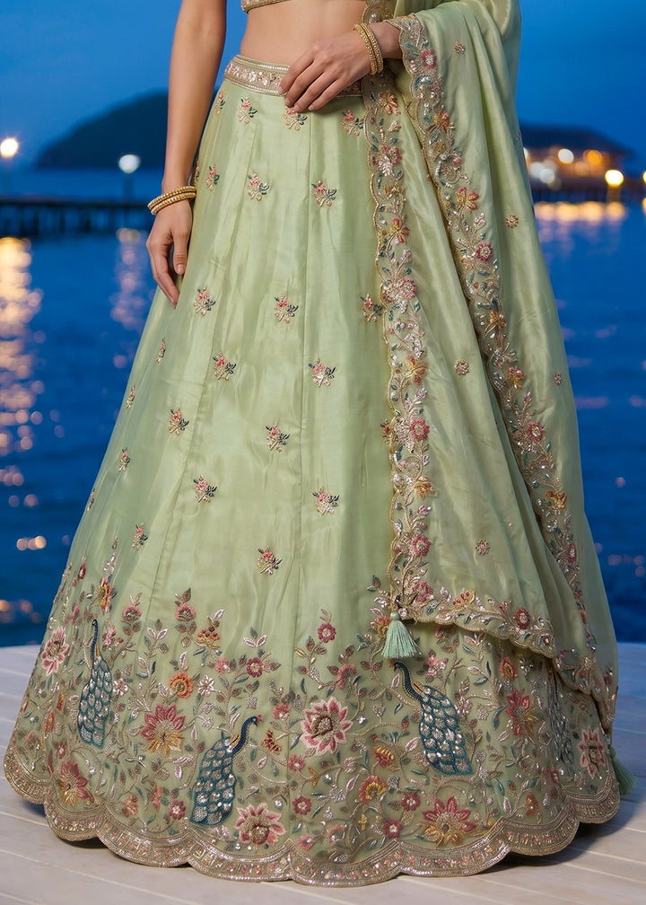 Celadon Green Organza Lehenga Choli with Floral &amp; Peacock Embroidery