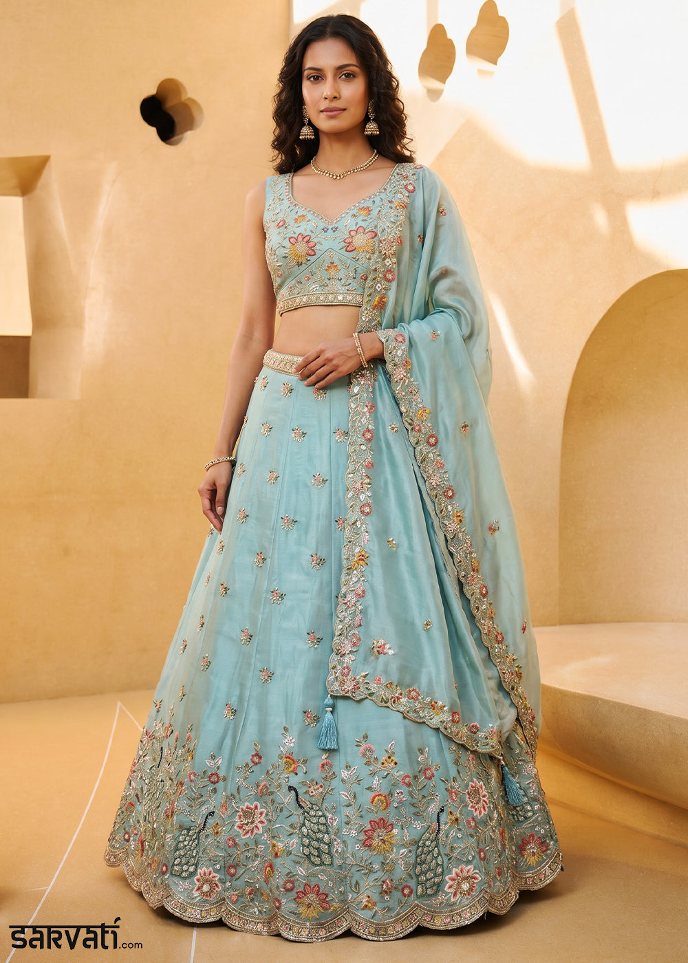 Sky Blue Organza Lehenga Choli with Floral &amp; Peacock Embroidery