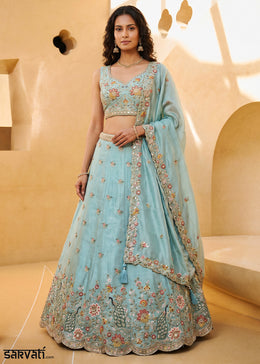 Sky Blue Organza Lehenga Choli with Floral & Peacock Embroidery